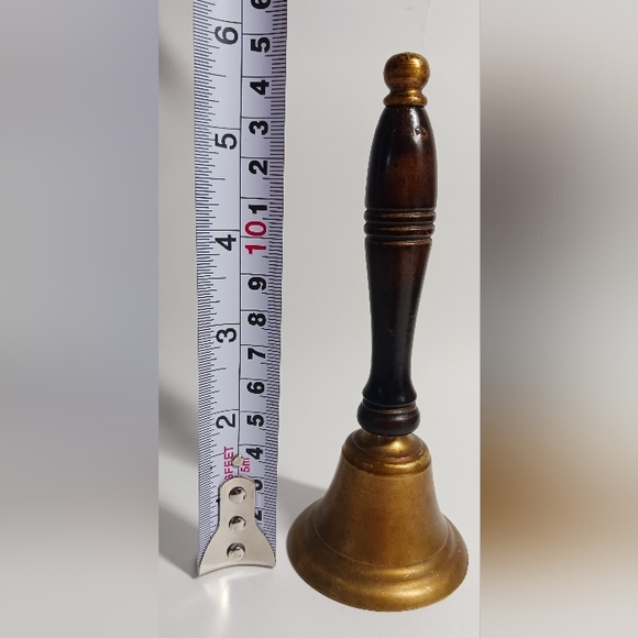 Over 5" Tall Vintage Brass School Dinner Bell with Clapper Wood Handle - Picture 2 of 2